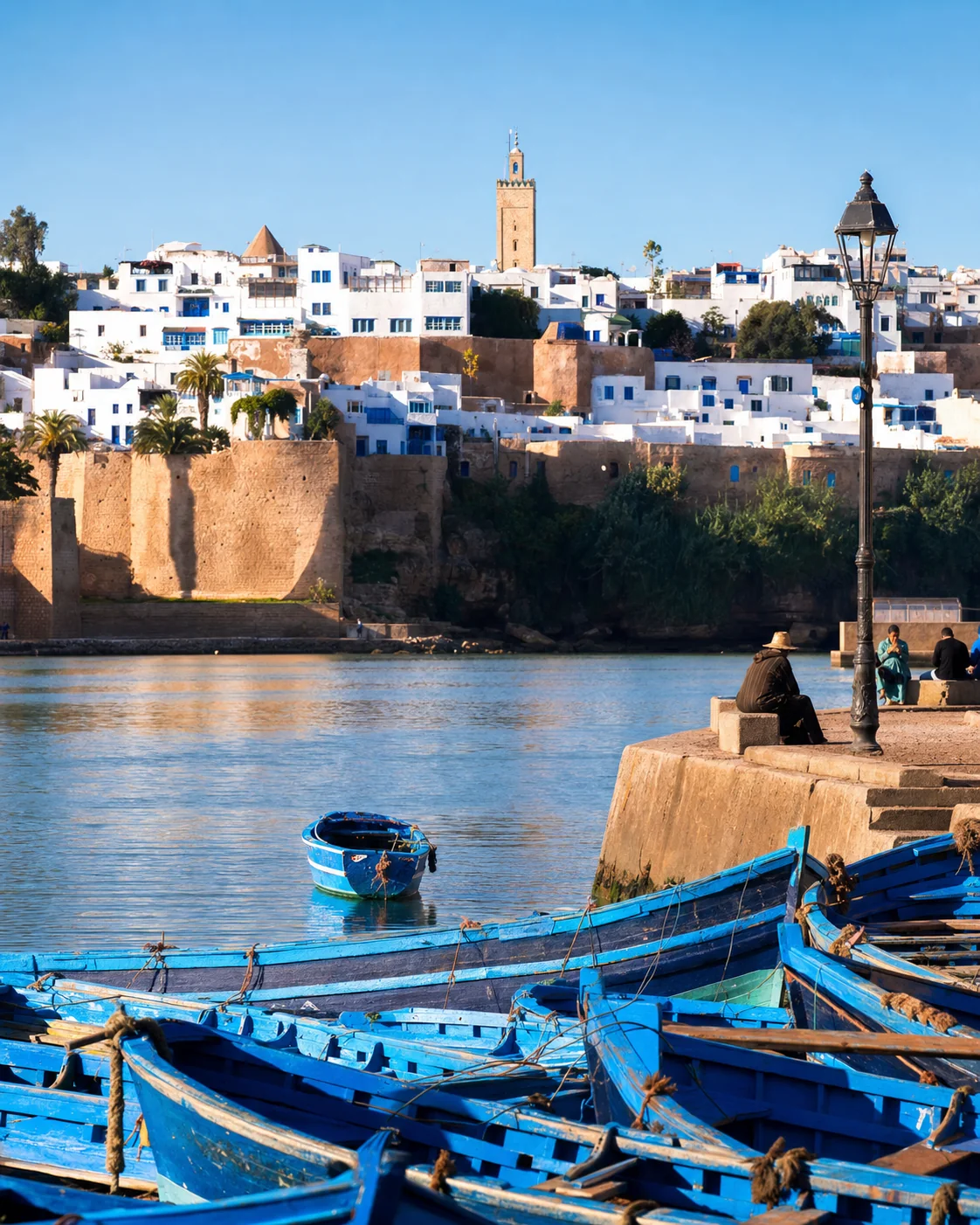 Barques bleues sur le Bouregreg face à la kasbah des Oudayas à Rabat